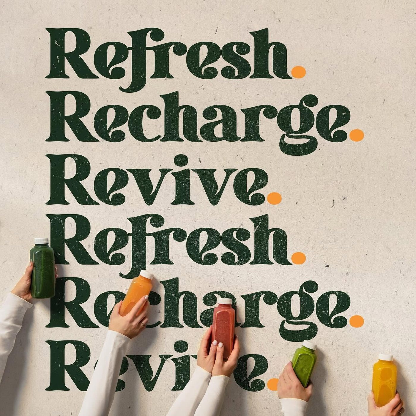 Refresh, Recharge, Revive set in green type on kraft paper with hands holding cold pressed juice bottles, for Nectar