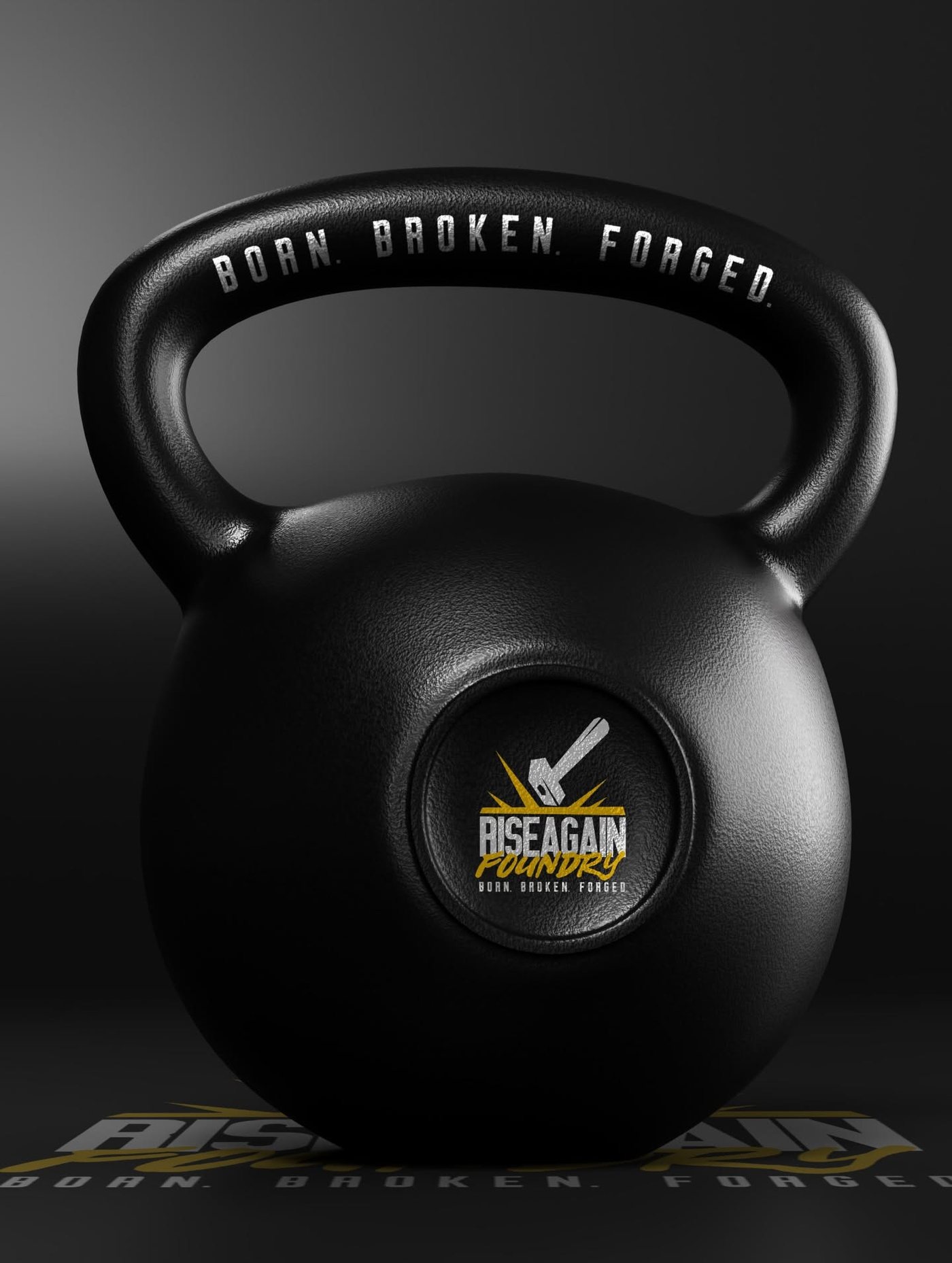 Black kettlebell with the Rise Again Foundry mark and Born. Broken. Forged. on the handle